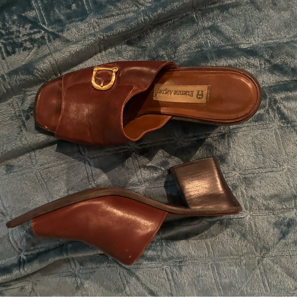 Etienne Aigner Brown and Gold Mules Sleek Leather Design